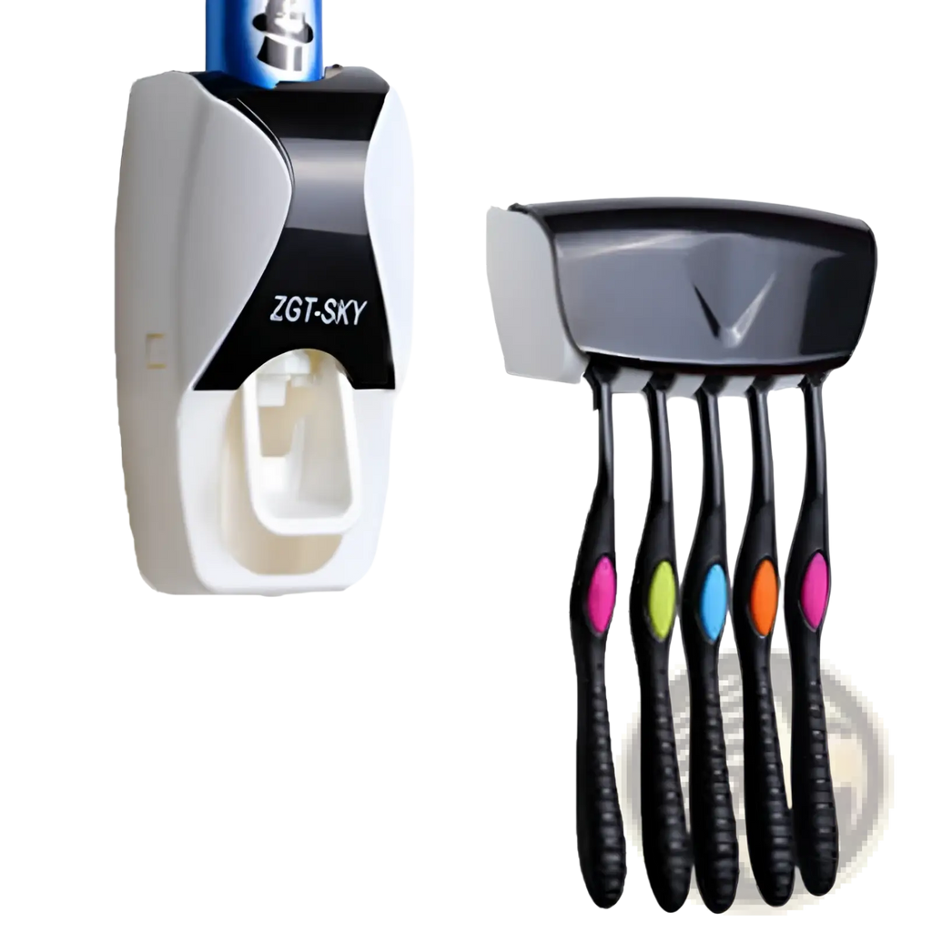 White and black zgt-sky automatic toothpaste dispenser and toothbrush holder set with sleek design holding blue toothpaste tube