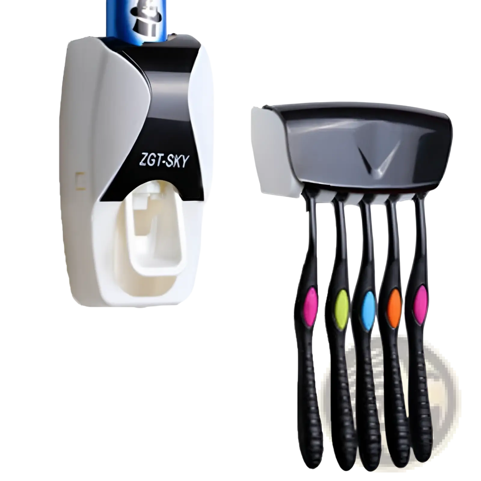 White and black zgt-sky automatic toothpaste dispenser and toothbrush holder set with sleek design holding blue toothpaste tube