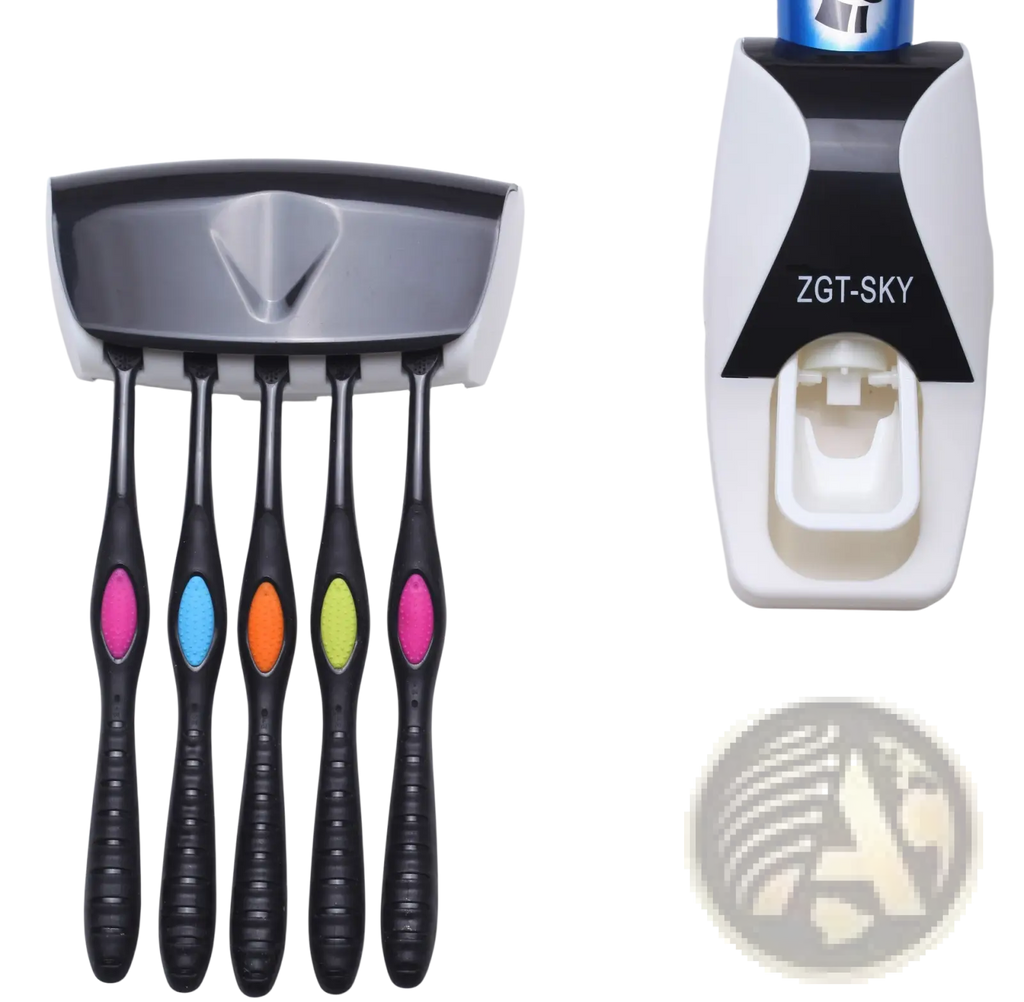 Automatic toothpaste dispenser and toothbrush holder set with black toothbrushes and colorful oval grips in pink blue orange and green
