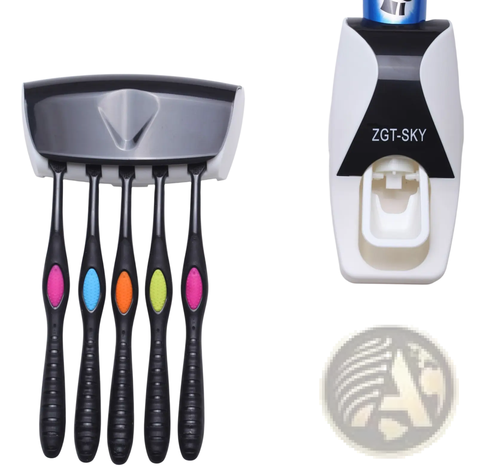 Automatic toothpaste dispenser and toothbrush holder set with black toothbrushes and colorful oval grips in pink blue orange and green