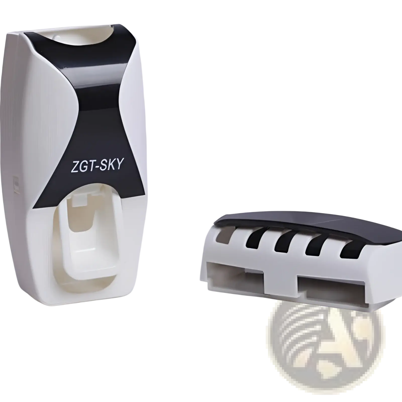 Automatic toothpaste dispenser and toothbrush holder set in white and black with sleek modern design for bathroom use
