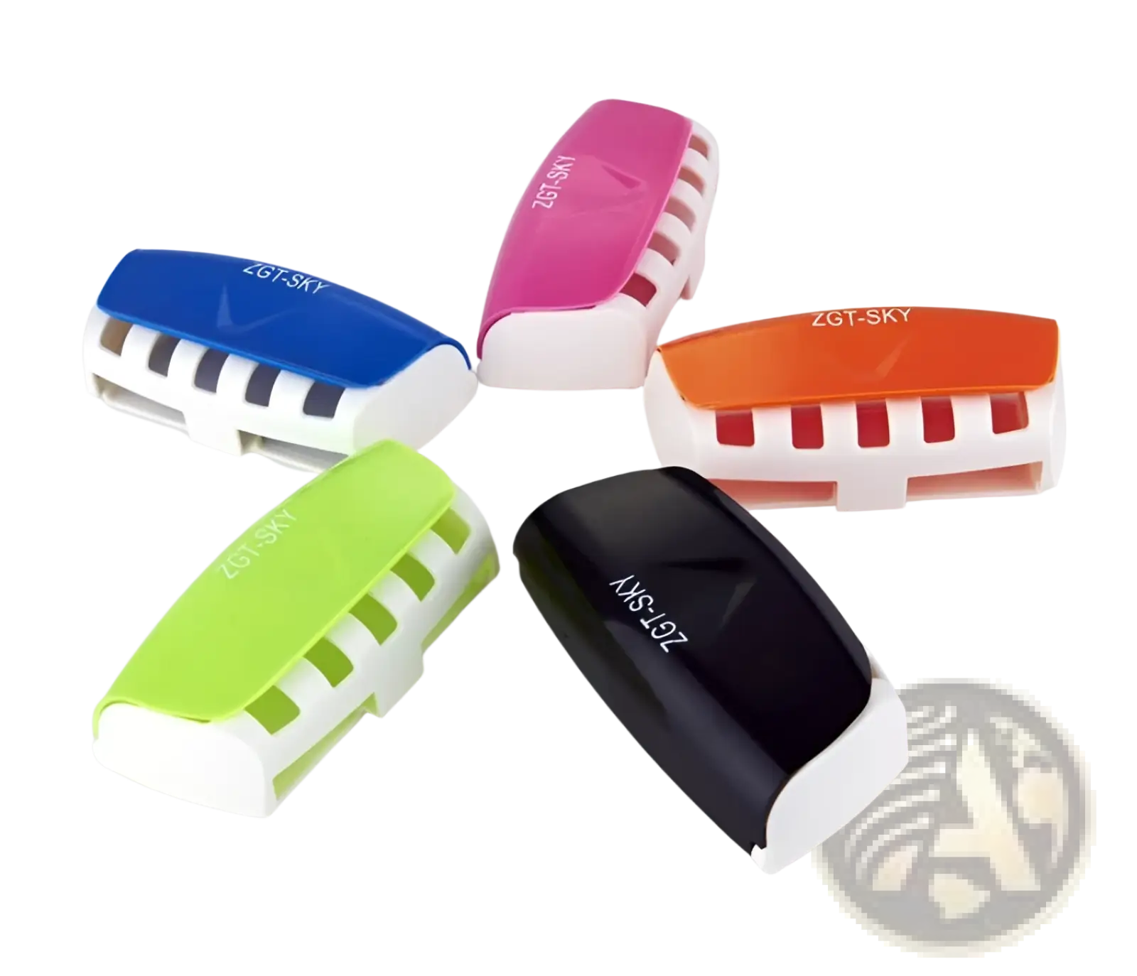 Colorful plastic automatic toothpaste dispenser and toothbrush holder set with sleek modern design and white base