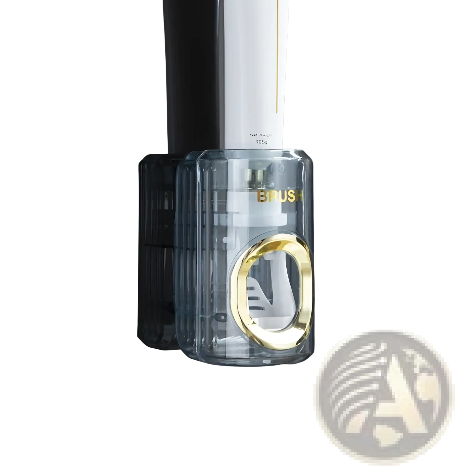 Automatic toothpaste dispenser and toothbrush holder with transparent blue holder, gold circular opening, and black mount