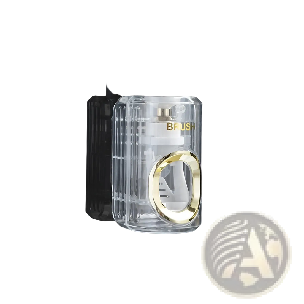 Translucent acrylic automatic toothpaste dispenser and toothbrush holder with gold-accented circular opening and ridged design