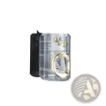 Translucent acrylic automatic toothpaste dispenser and toothbrush holder with gold-accented circular opening and ridged design