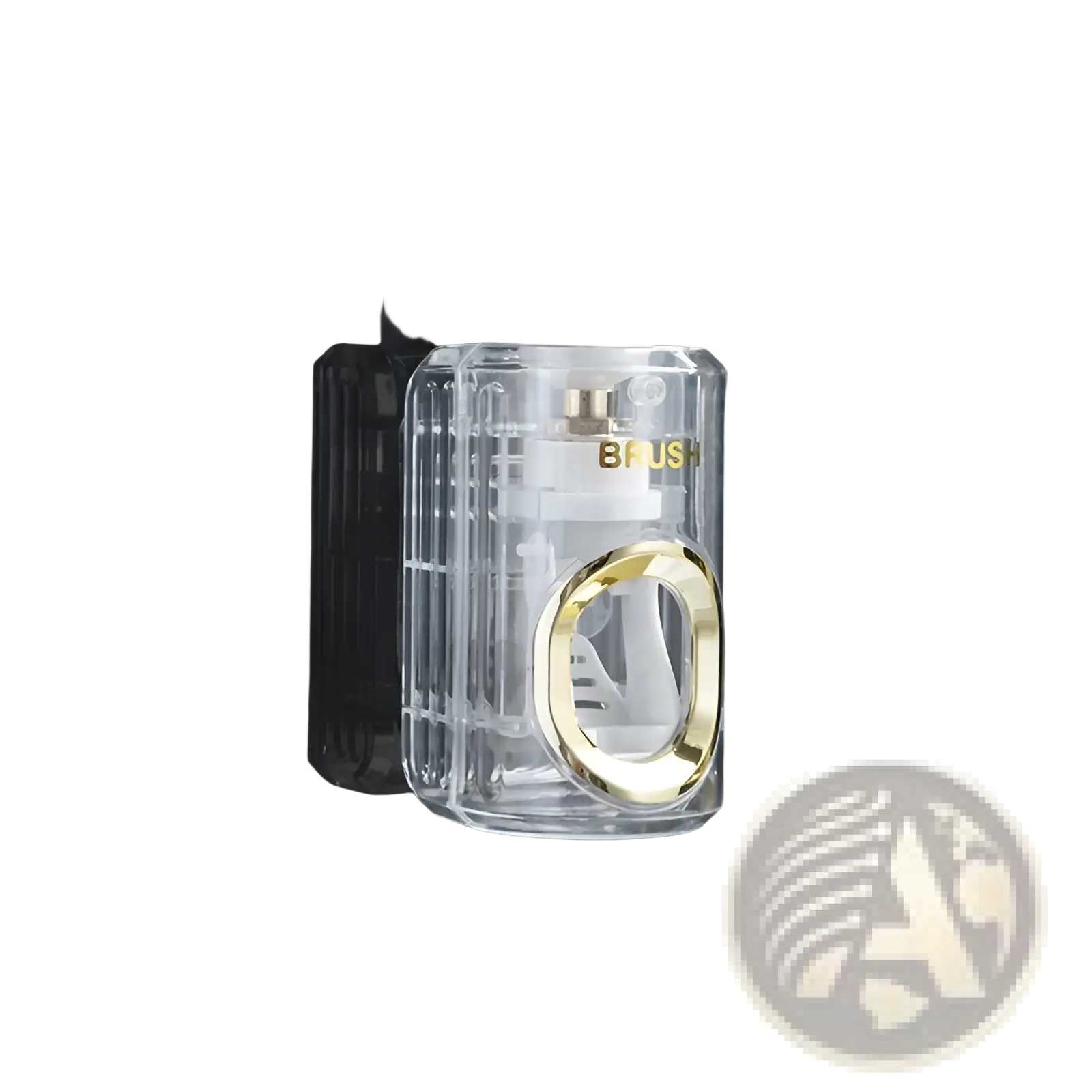 Translucent acrylic automatic toothpaste dispenser and toothbrush holder with gold-accented circular opening and ridged design