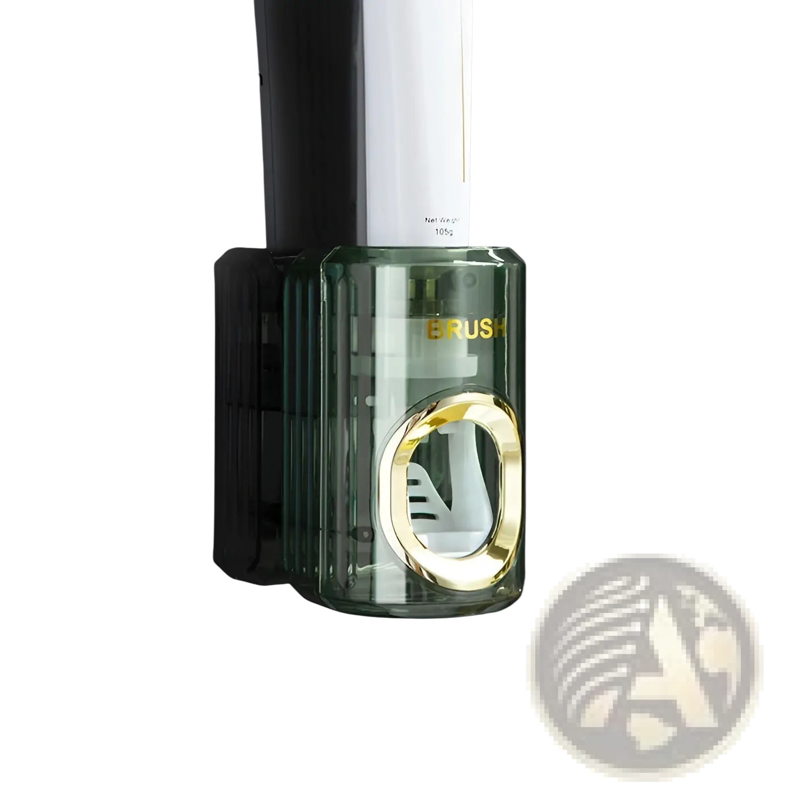 Translucent green automatic toothpaste dispenser and toothbrush holder with gold-accented circular opening and ridges