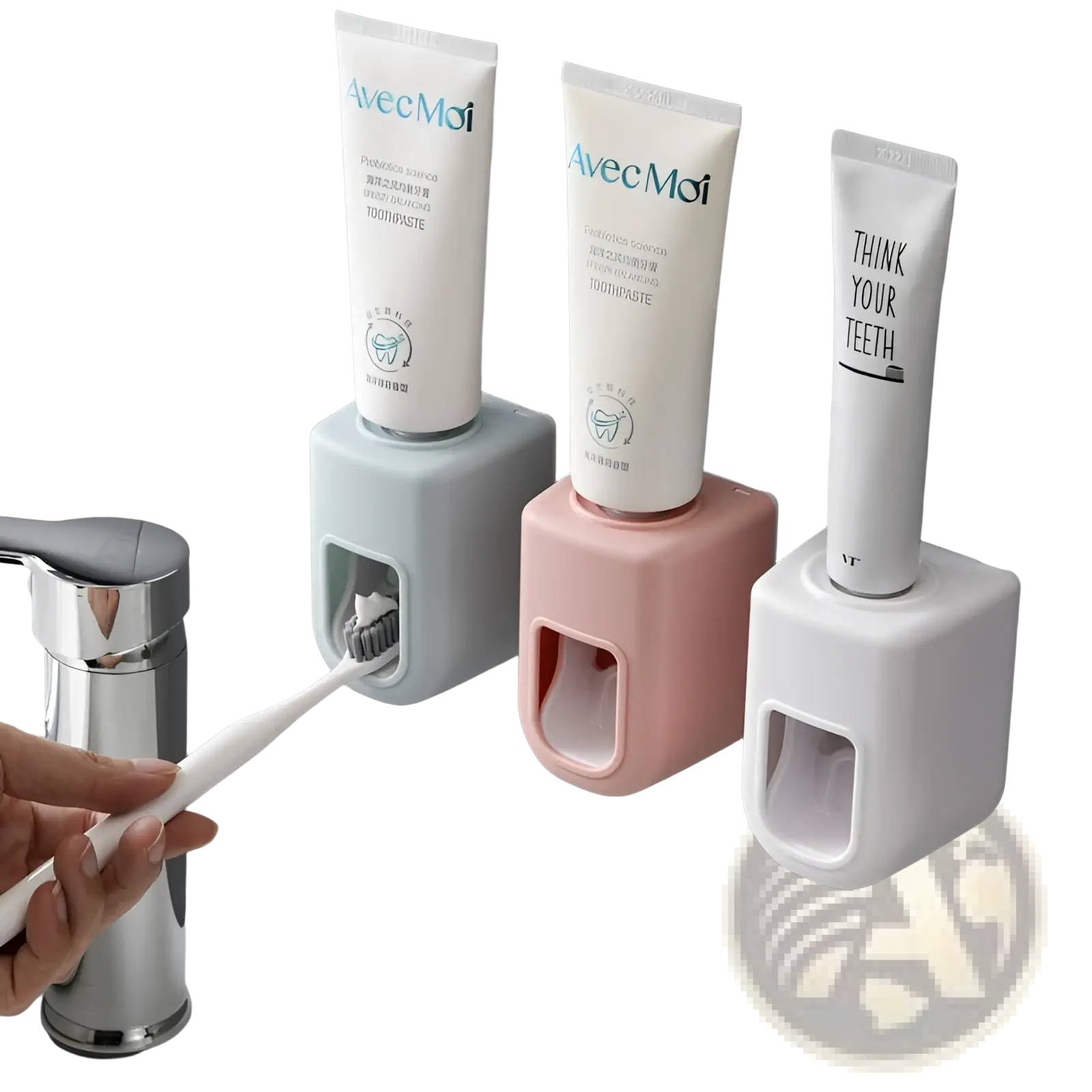 Automatic toothpaste dispenser wall mount squeezer in pastel blue pink and white plastic with matching caps