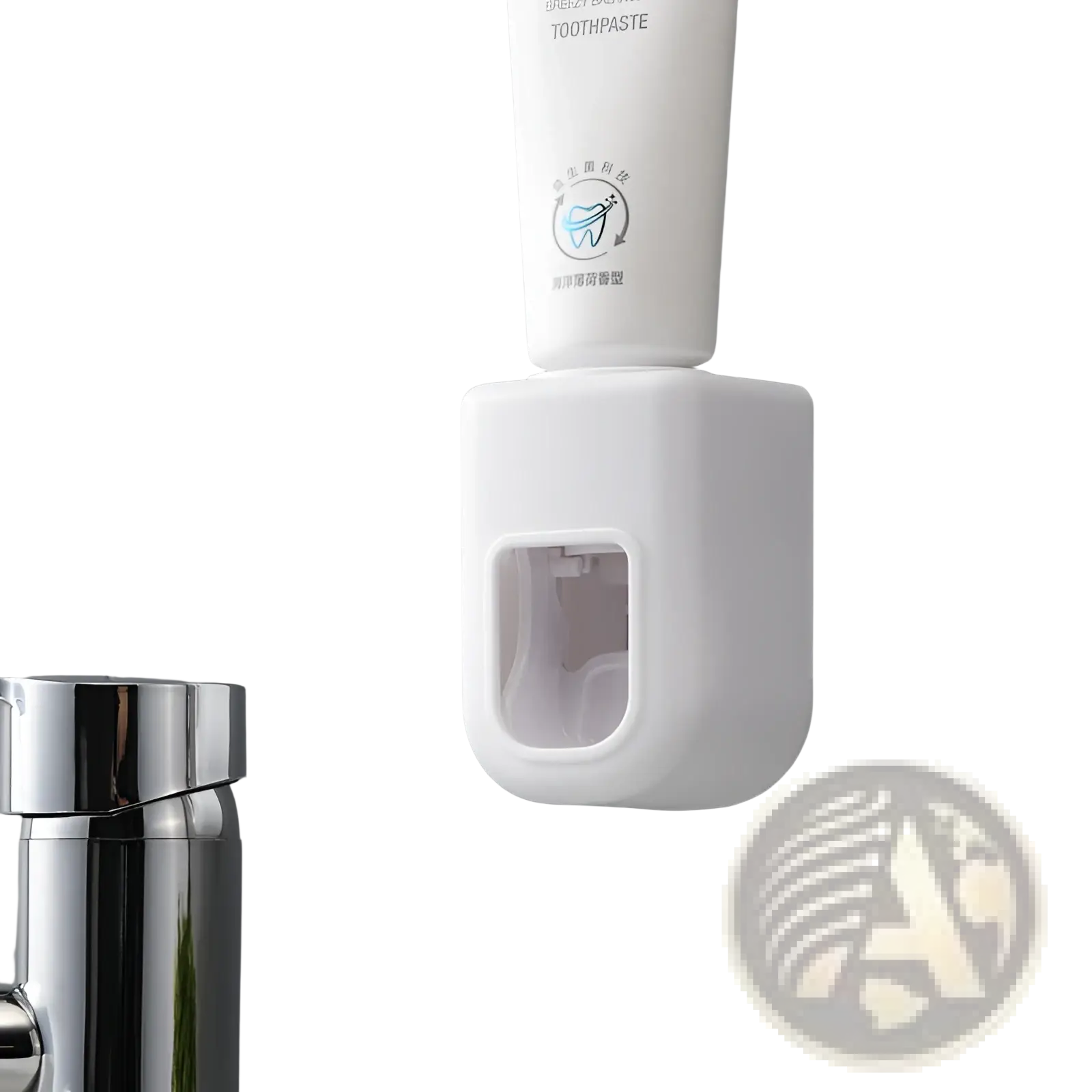 White plastic automatic toothpaste dispenser wall mount squeezer holding a tube of toothpaste for easy use