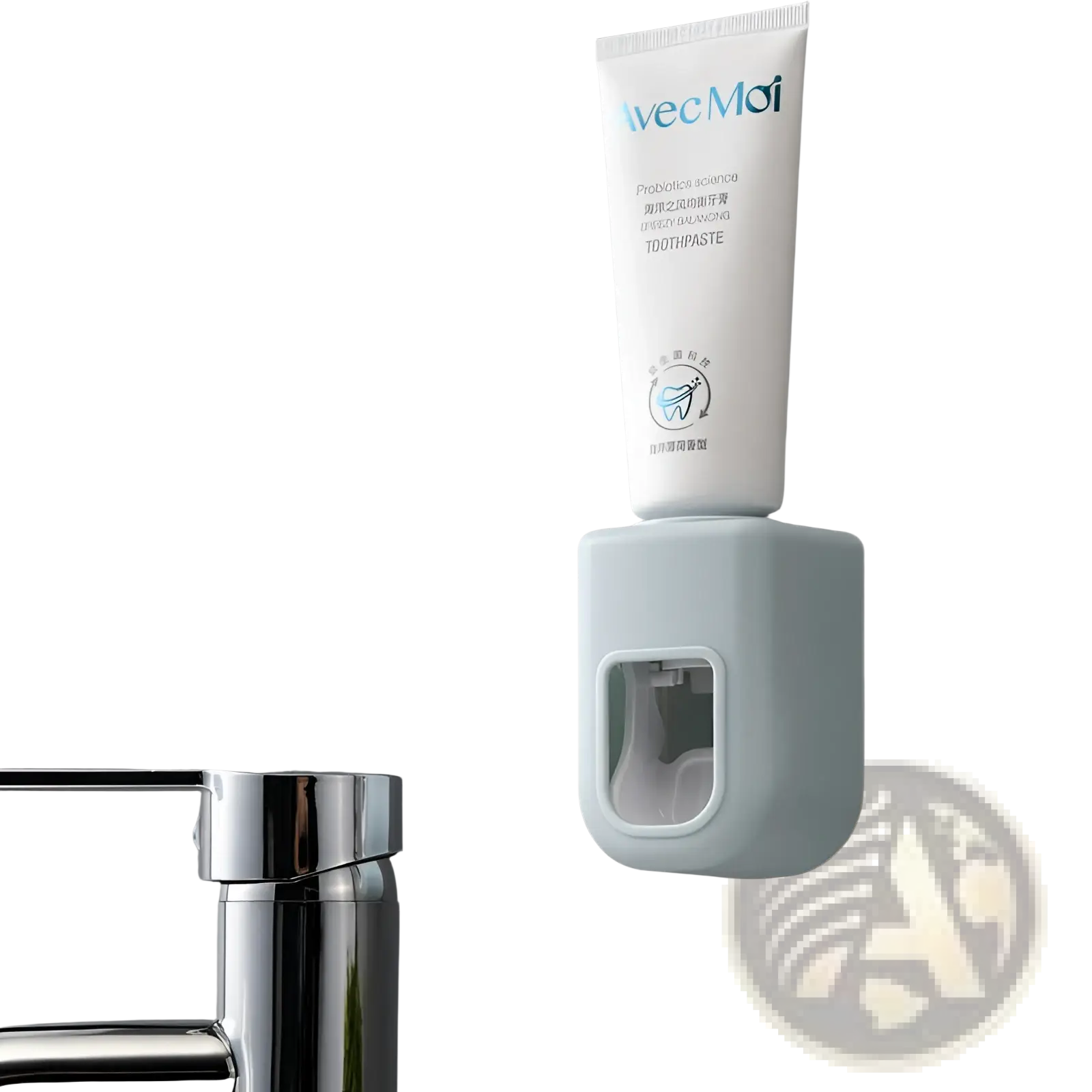 Light blue wall-mounted automatic toothpaste dispenser squeezer holding a white tube of Avec Moi toothpaste