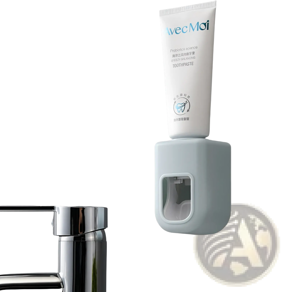 Light blue wall-mounted automatic toothpaste dispenser squeezer holding a white tube of Avec Moi toothpaste