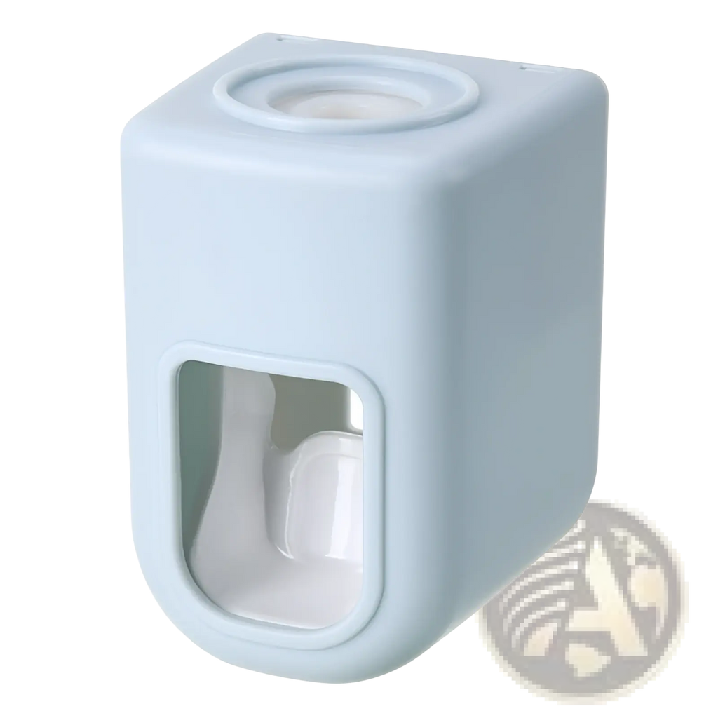 Light blue plastic automatic toothpaste dispenser with clear window and circular top opening for wall mount use