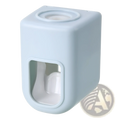 Light blue plastic automatic toothpaste dispenser with clear window and circular top opening for wall mount use