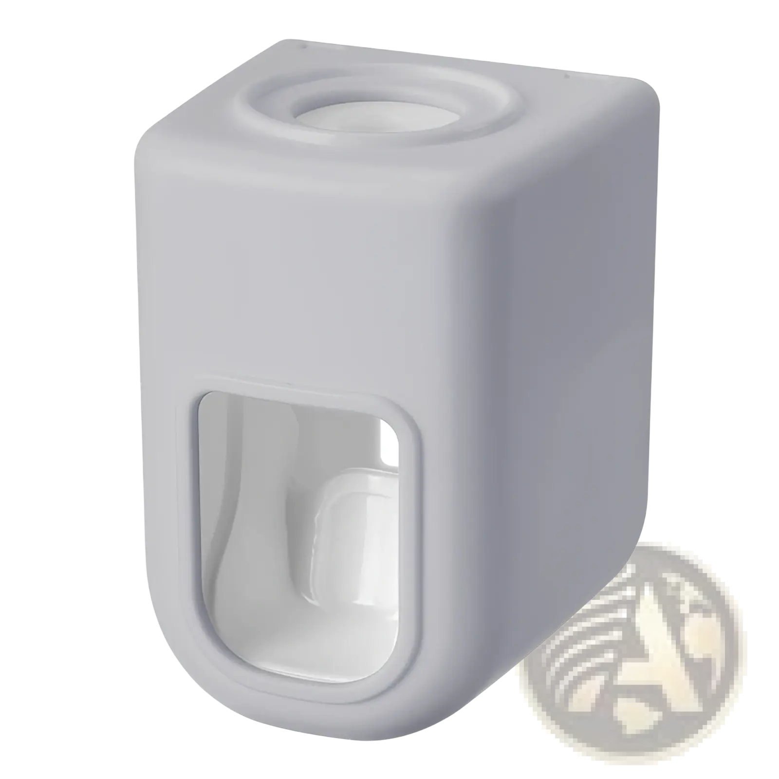 Gray plastic automatic toothpaste dispenser wall mount squeezer with circular top opening and transparent side window