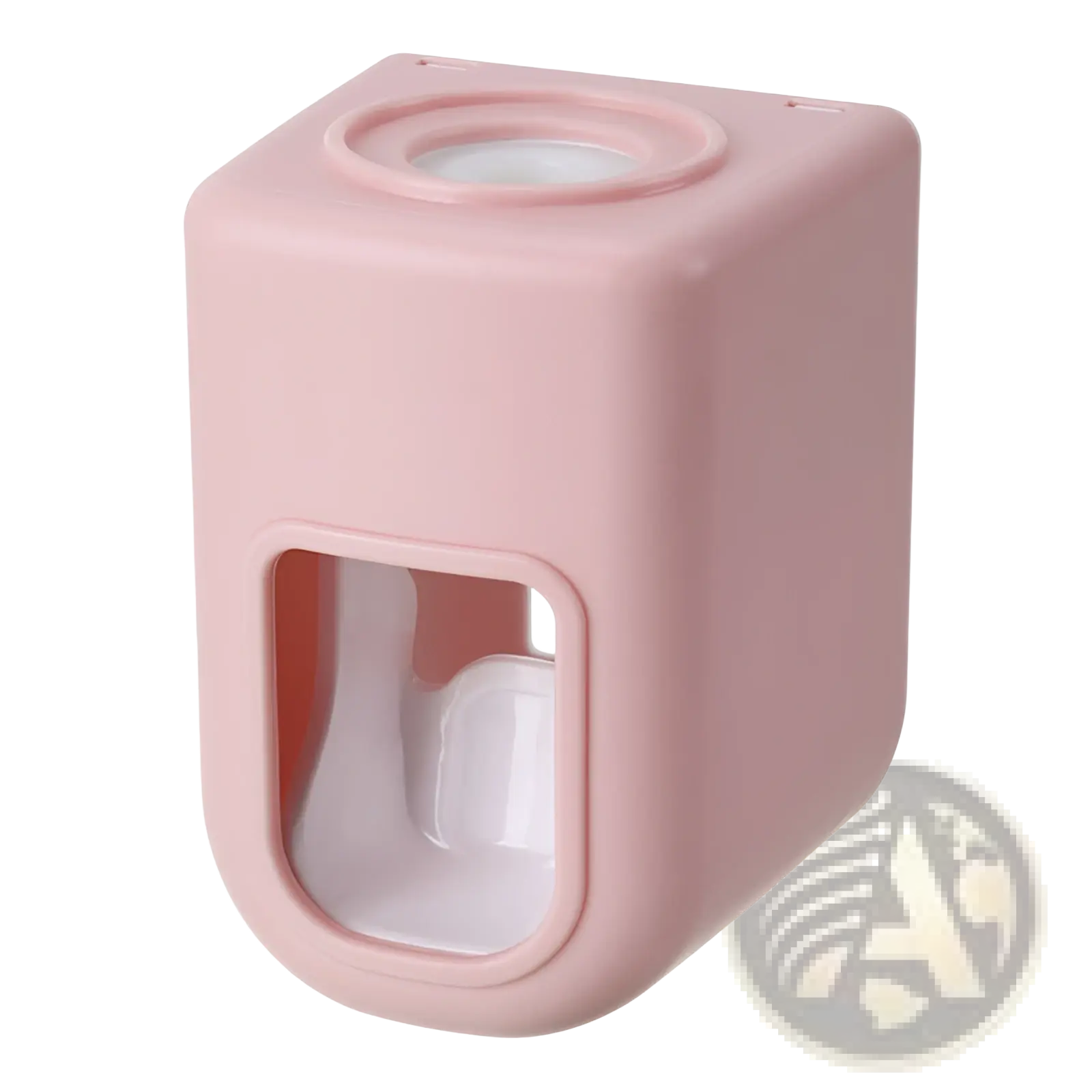 Automatic pink plastic toothpaste dispenser wall mount squeezer with clear window and circular top opening