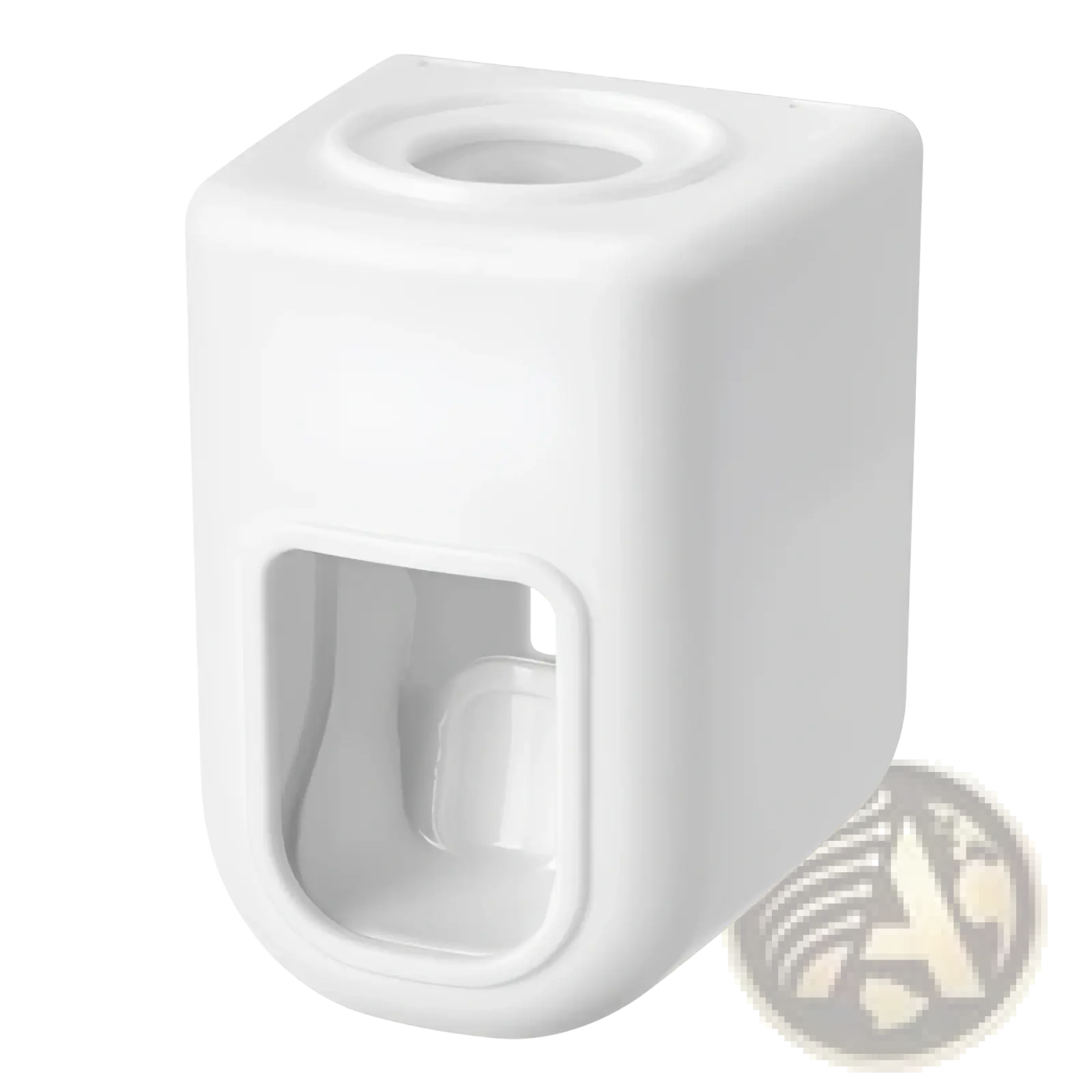 White plastic automatic toothpaste dispenser wall mount with square body rounded edges and push-button mechanism