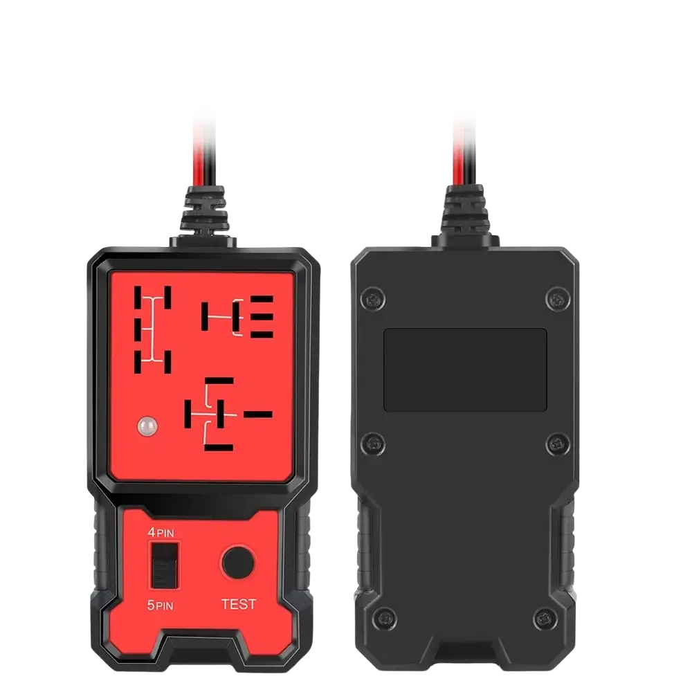 Black and red automotive 12v car relay tester with rugged plastic casing and labeled 4-pin and 5-pin test ports