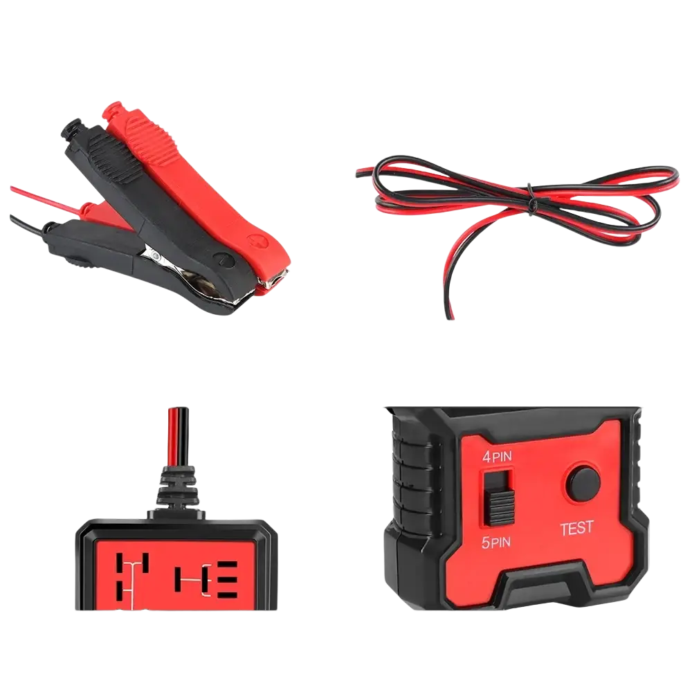 Automotive 12v car relay tester and battery checker with red and black clamps digital display and 4pin 5pin switch test button