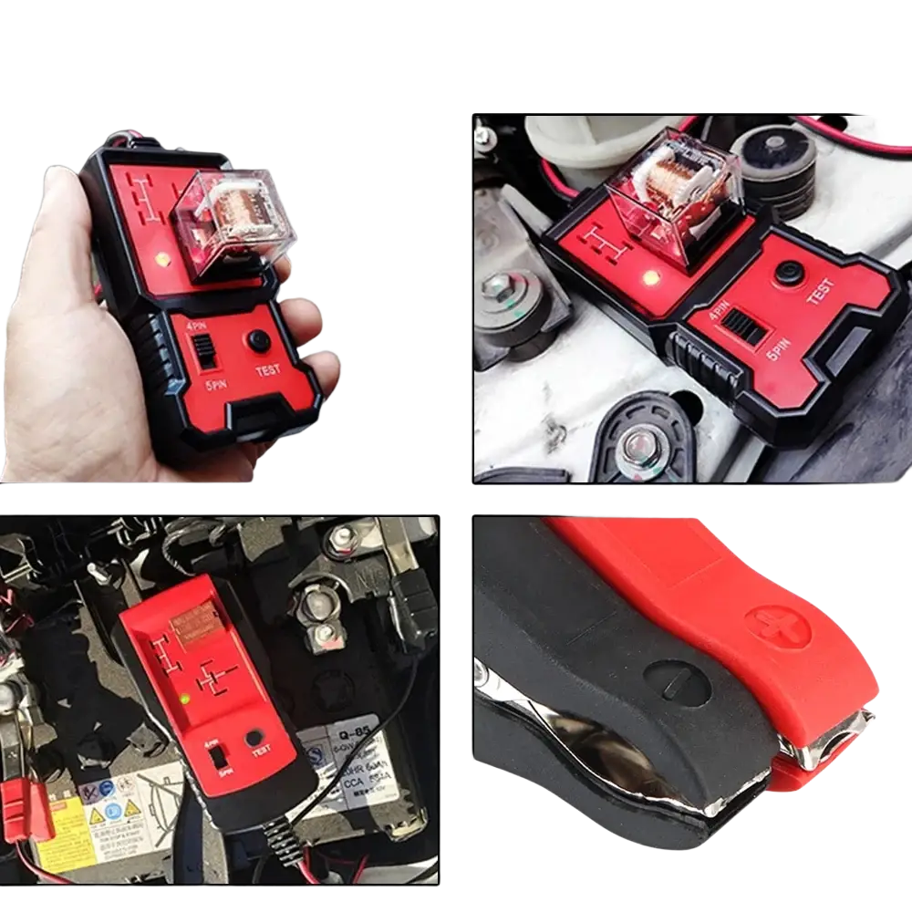 Automotive 12v car relay tester and battery checker with red and black jump starter and transparent protective cover