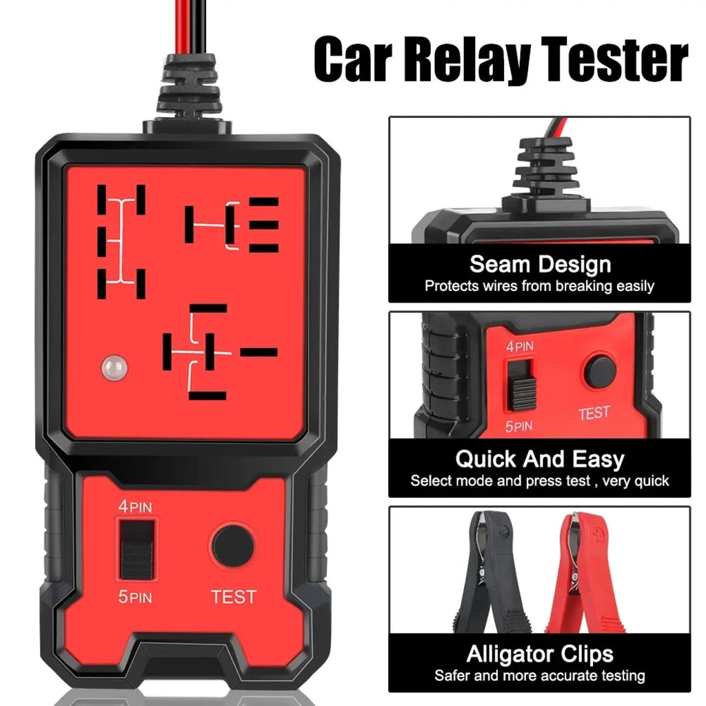Automotive 12v car relay tester in red and black with seam design quick-test buttons and alligator clips for 4-pin 5-pin modes