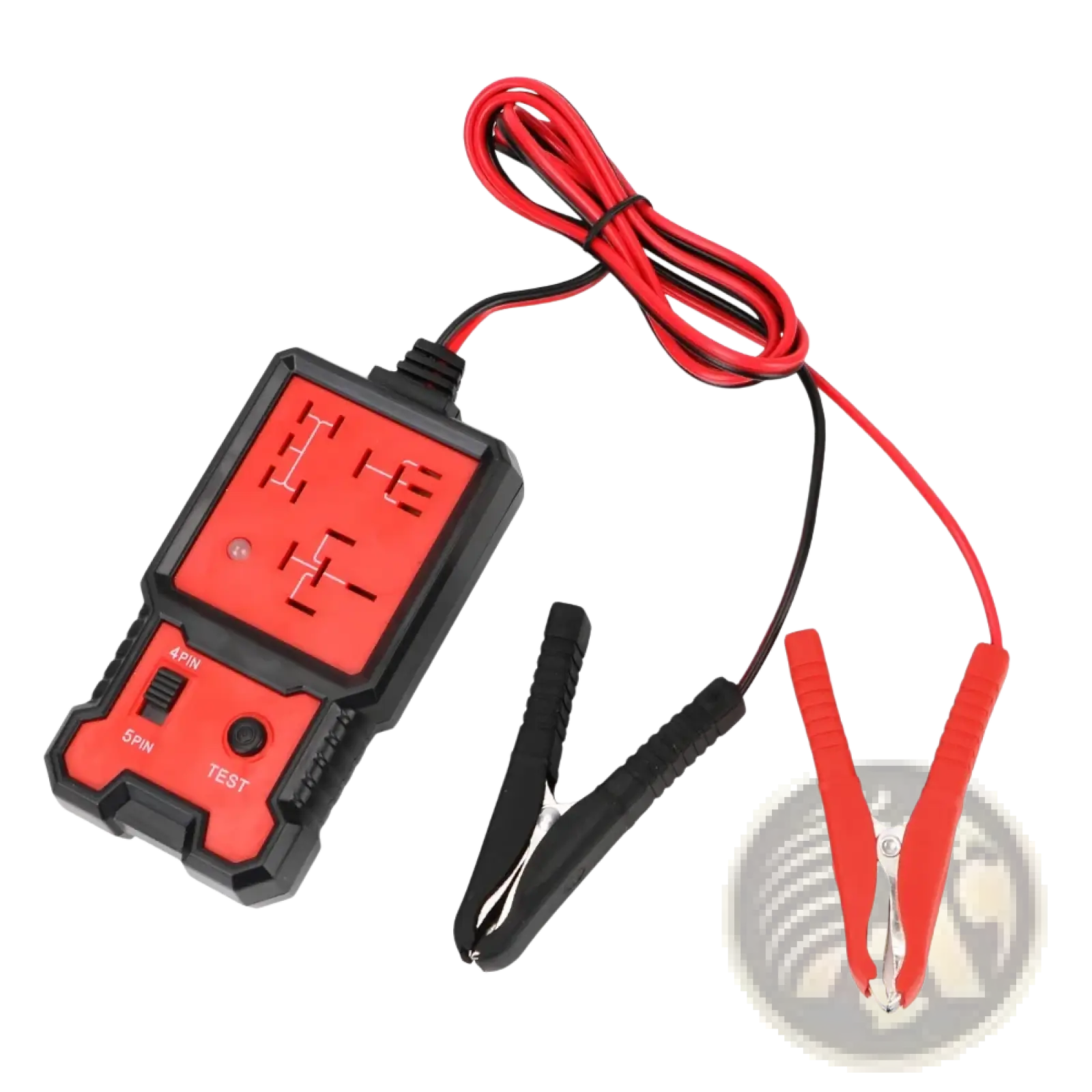 Automotive 12v car relay tester and battery checker in red and black with coiled wires and alligator clips for diagnosis