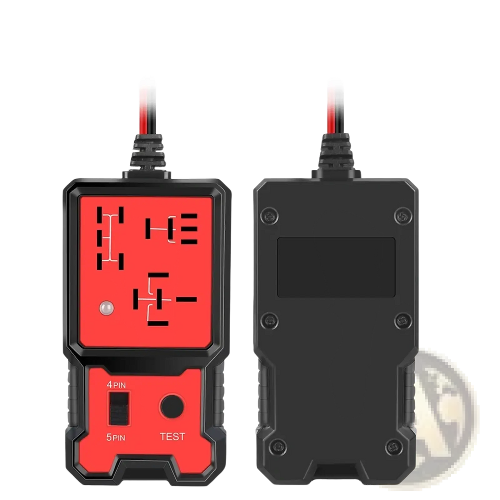 Black and red automotive 12v car relay tester with rugged plastic casing and labeled 4-pin and 5-pin test ports