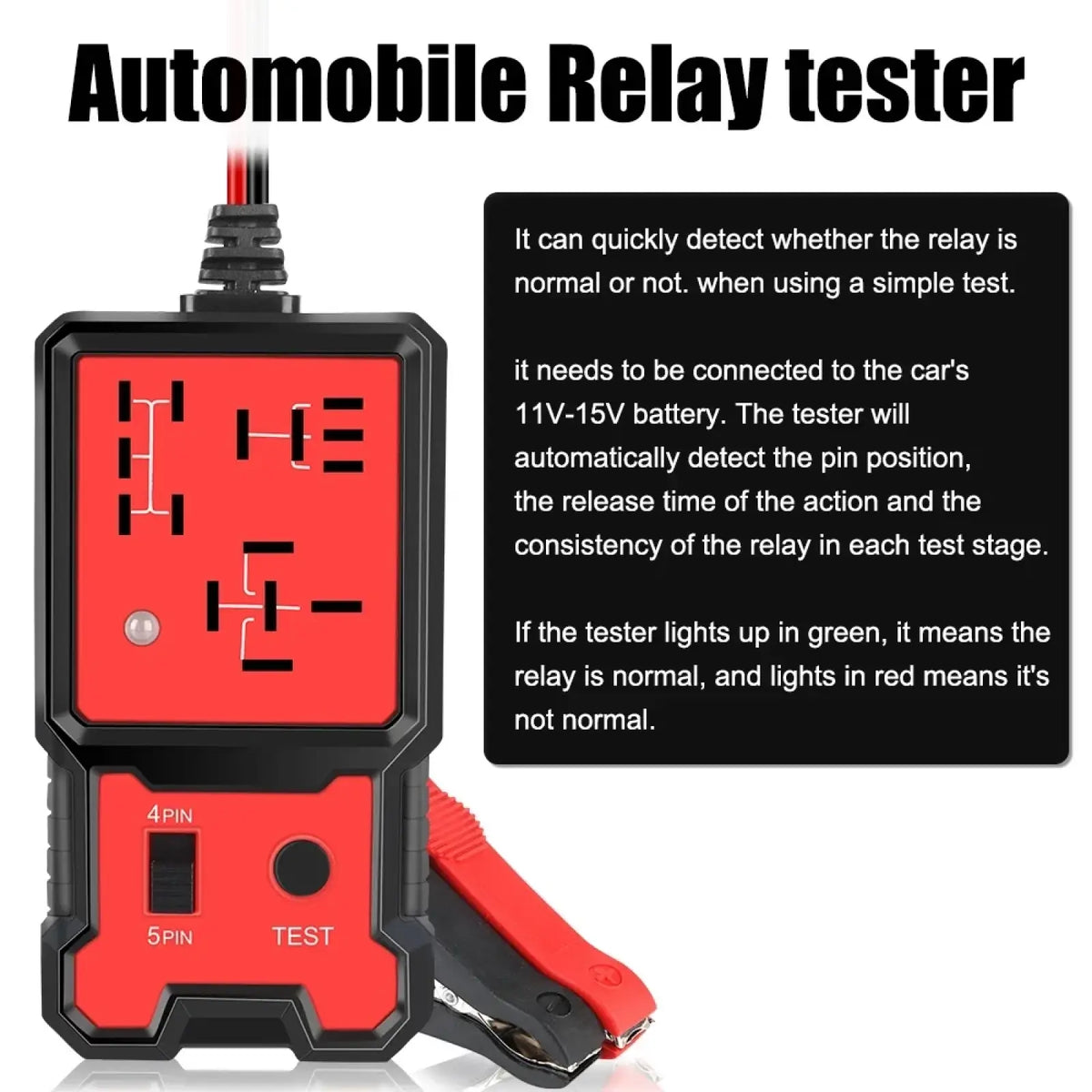 Red and black automotive 12v car relay tester and battery checker with digital display showing 4pin and 5pin circuit diagrams