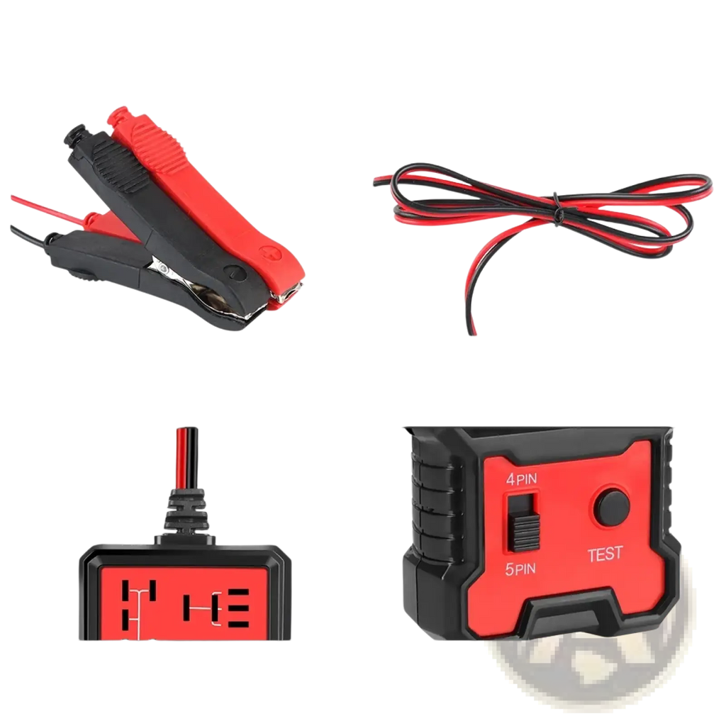 Automotive 12v car relay tester and battery checker with red and black clamps digital display and 4pin 5pin switch test button
