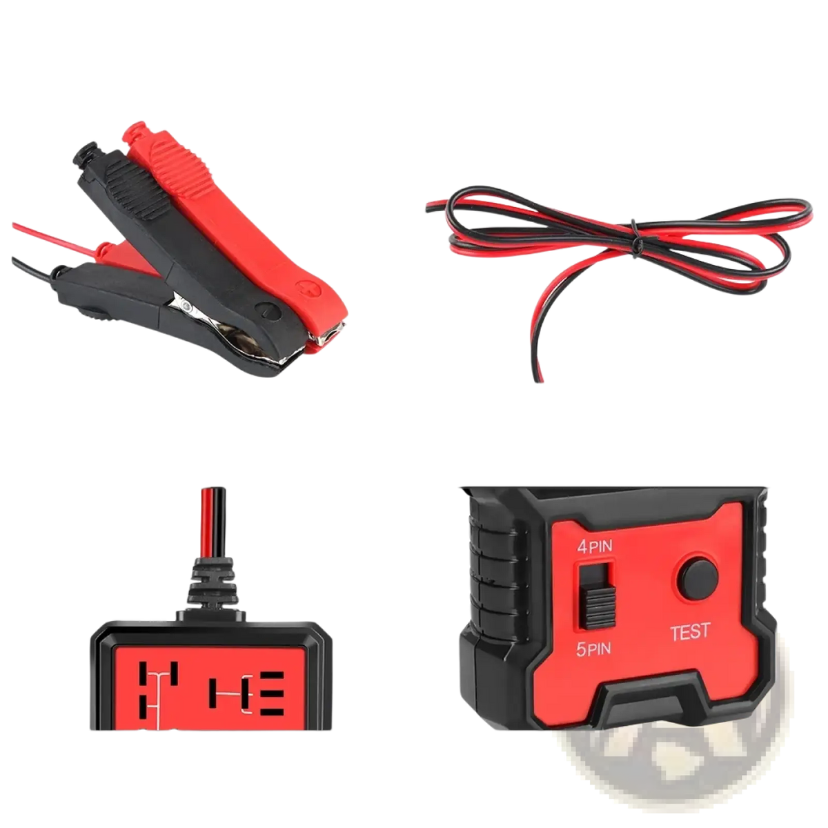 Automotive 12v car relay tester and battery checker with red and black clamps digital display and 4pin 5pin switch test button