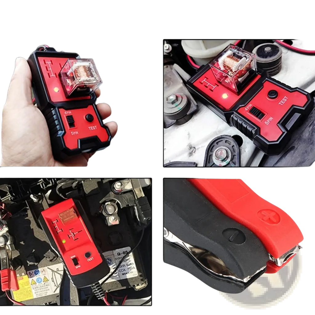 Automotive 12v car relay tester and battery checker with red and black jump starter and transparent protective cover