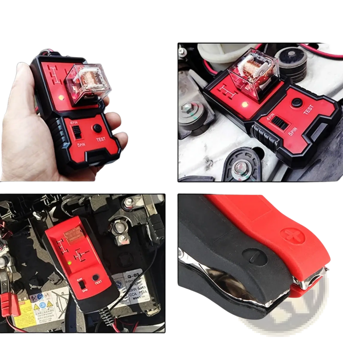Automotive 12v car relay tester and battery checker with red and black jump starter and transparent protective cover