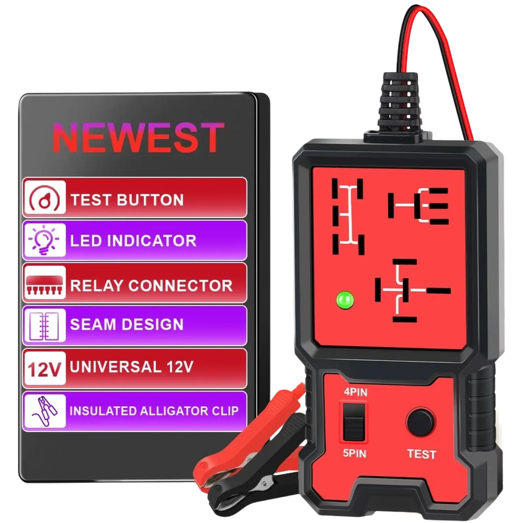 Red and black automotive 12v car relay tester and battery checker with led indicator and insulated alligator clips
