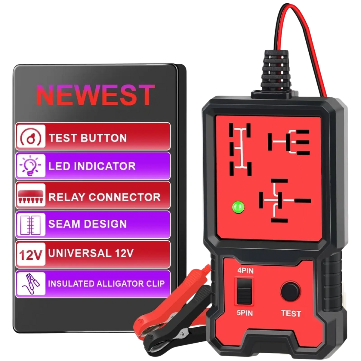 Red and black automotive 12v car relay tester and battery checker with led indicator and insulated alligator clips