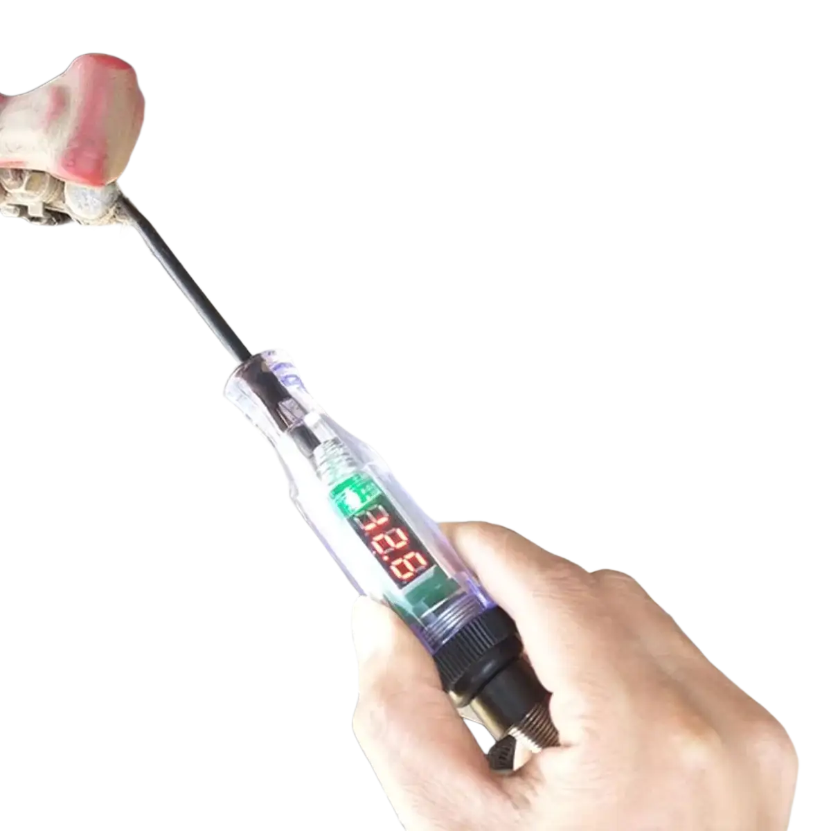 A hand-held automotive digital voltage circuit tester pen with transparent body and black probes displaying 12.8 volts