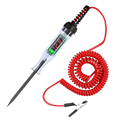 Automotive digital voltage circuit tester pen with red coiled cable black alligator clip and digital probe showing 12.8 volts