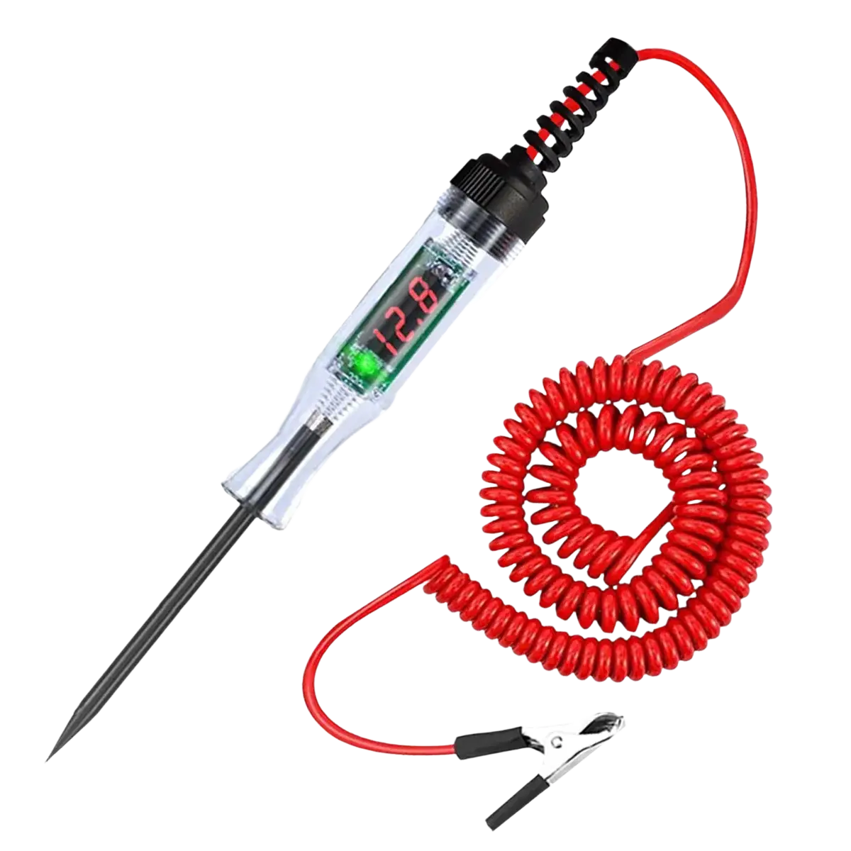 Automotive digital voltage circuit tester pen with red coiled cable black alligator clip and digital probe showing 12.8 volts