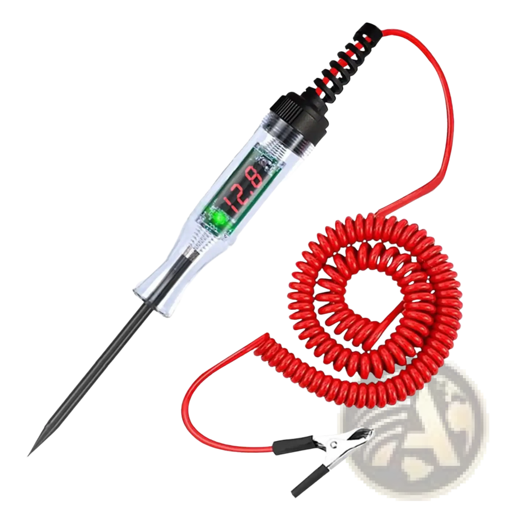 Automotive digital voltage circuit tester pen with red coiled cable black alligator clip and digital probe showing 12.8 volts