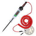 Automotive digital voltage circuit tester pen with red coiled cable black alligator clip and digital probe showing 12.8 volts