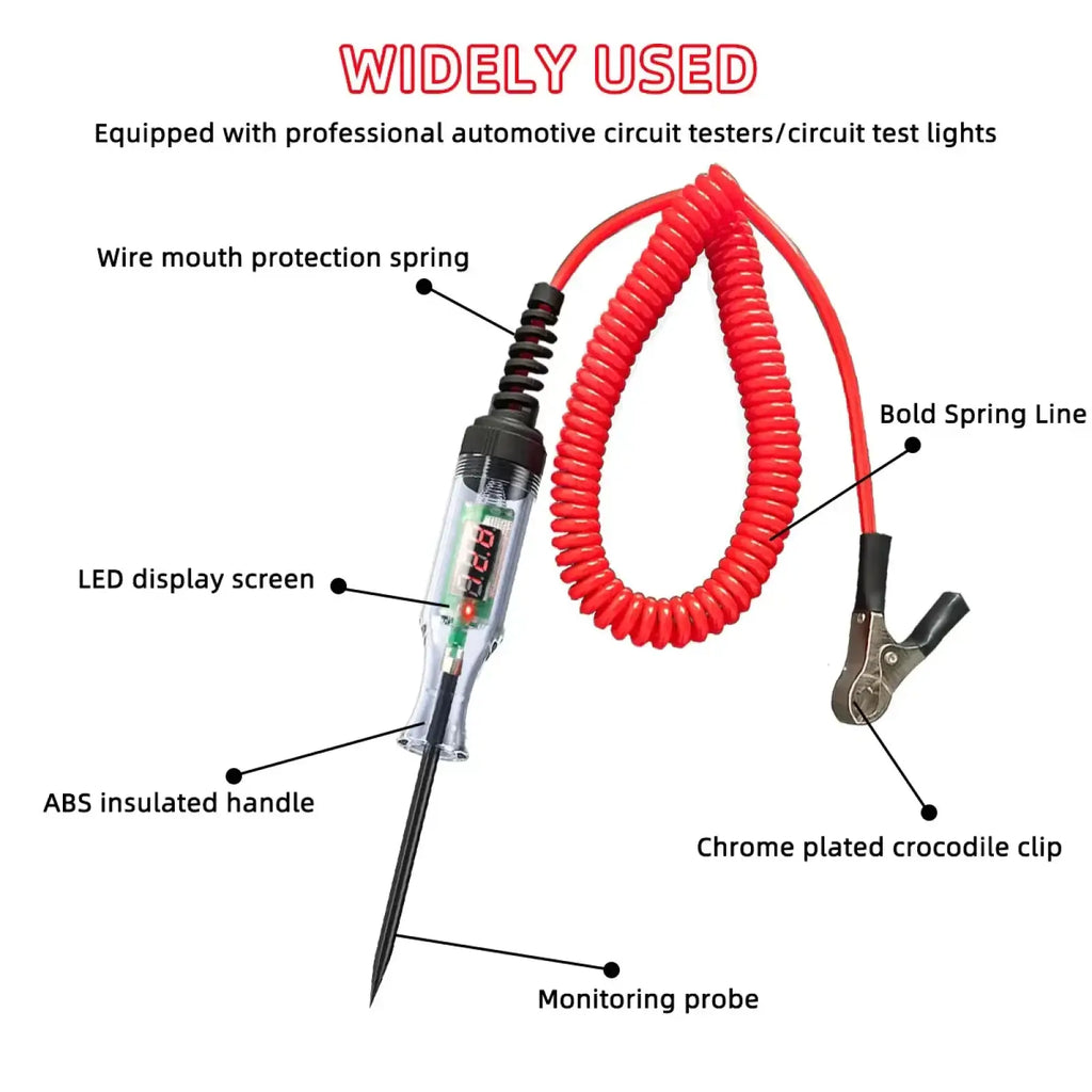 Automotive digital voltage circuit tester pen with red coiled spring cable chrome crocodile clip and led display