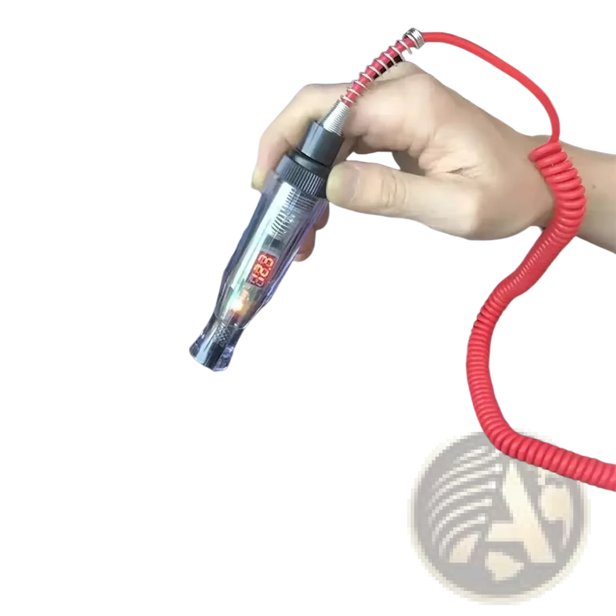 Automotive digital voltage circuit tester pen with transparent plastic body red coiled cord and illuminated led display