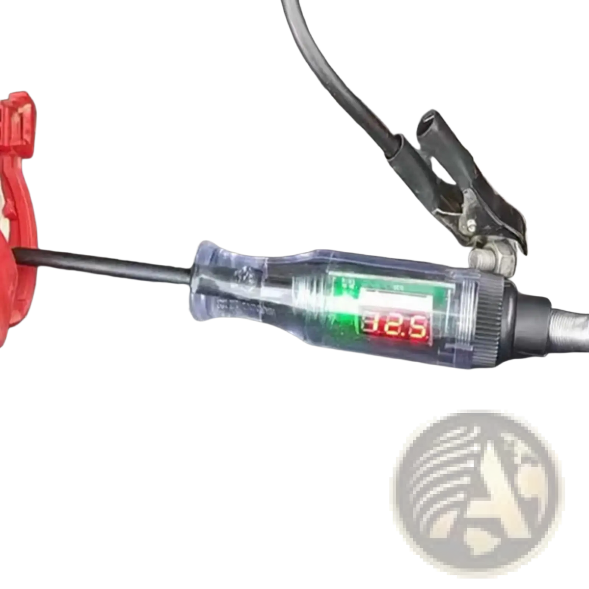Transparent plastic automotive digital voltage circuit tester pen with digital display showing 12.5 and black handle