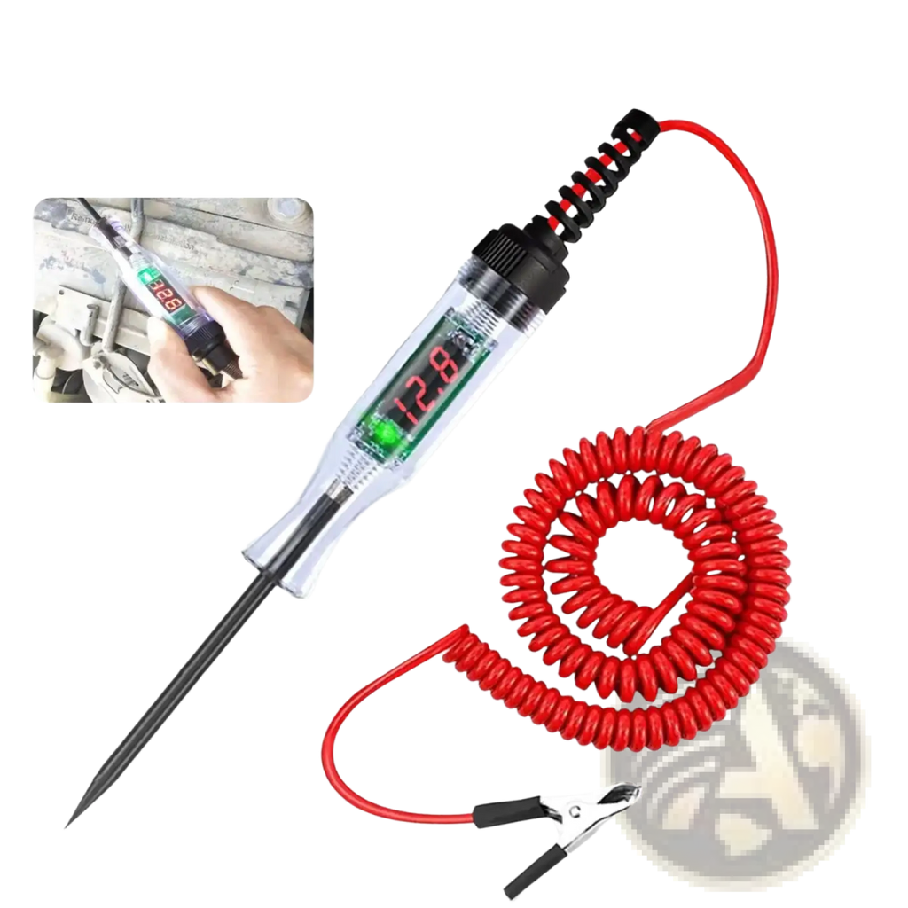 Transparent automotive digital voltage circuit tester pen with red coiled cable shows 12.8v on green led screen