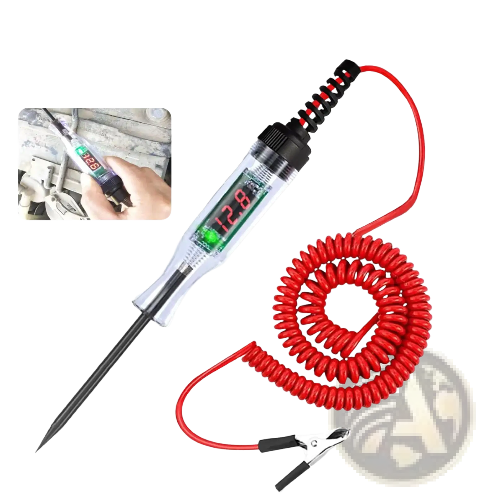 Transparent automotive digital voltage circuit tester pen with red coiled cable shows 12.8v on green led screen