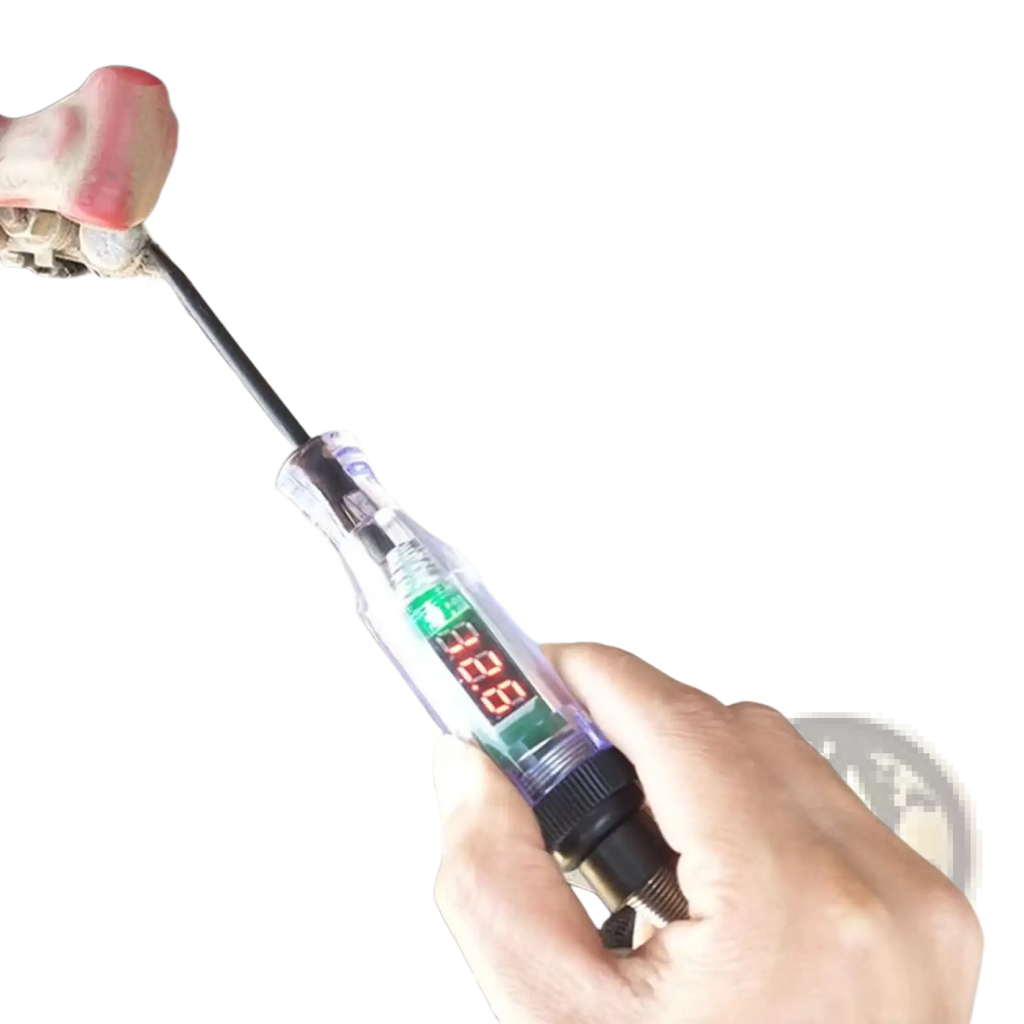 A hand-held automotive digital voltage circuit tester pen with transparent body and black probes displaying 12.8 volts