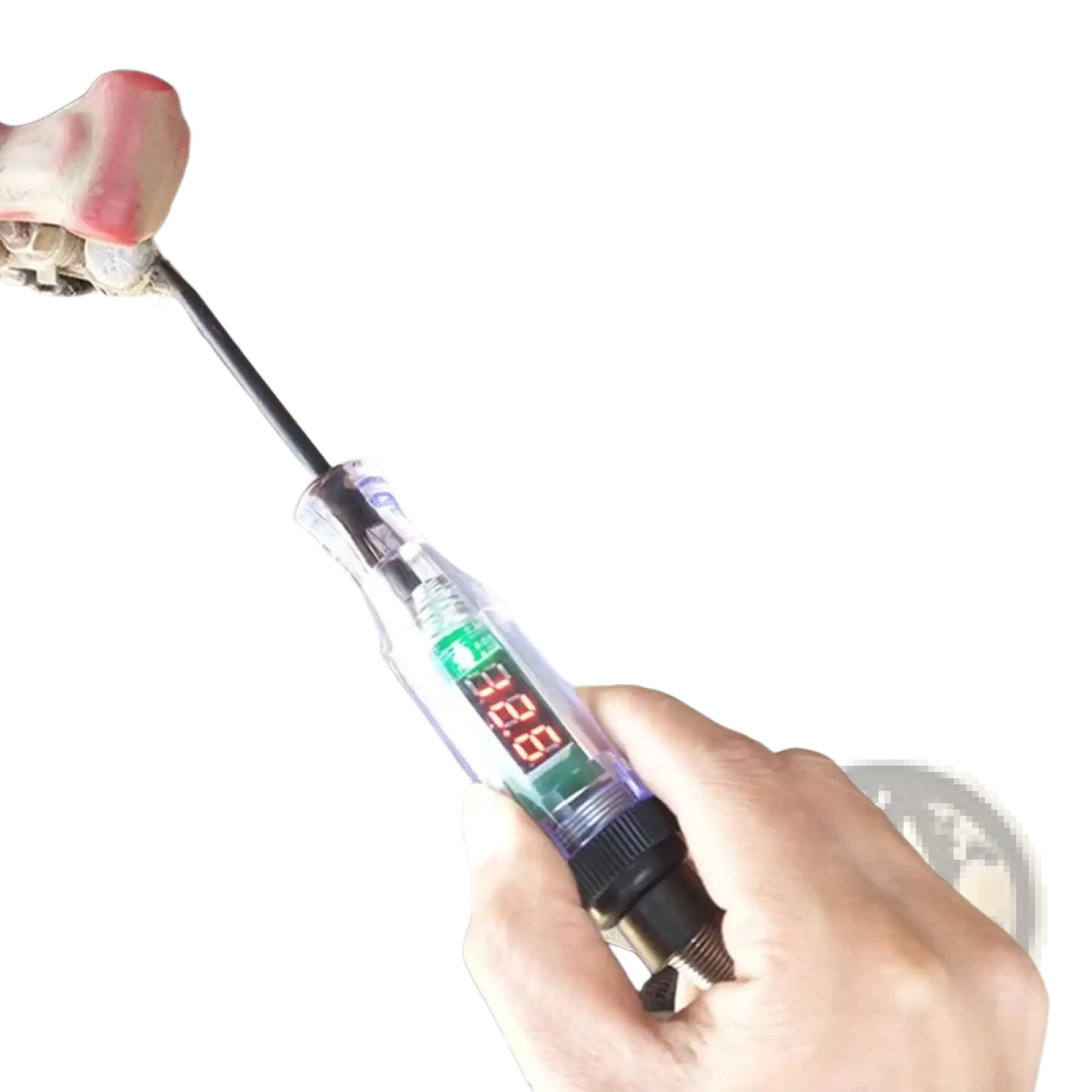 A hand-held automotive digital voltage circuit tester pen with transparent body and black probes displaying 12.8 volts