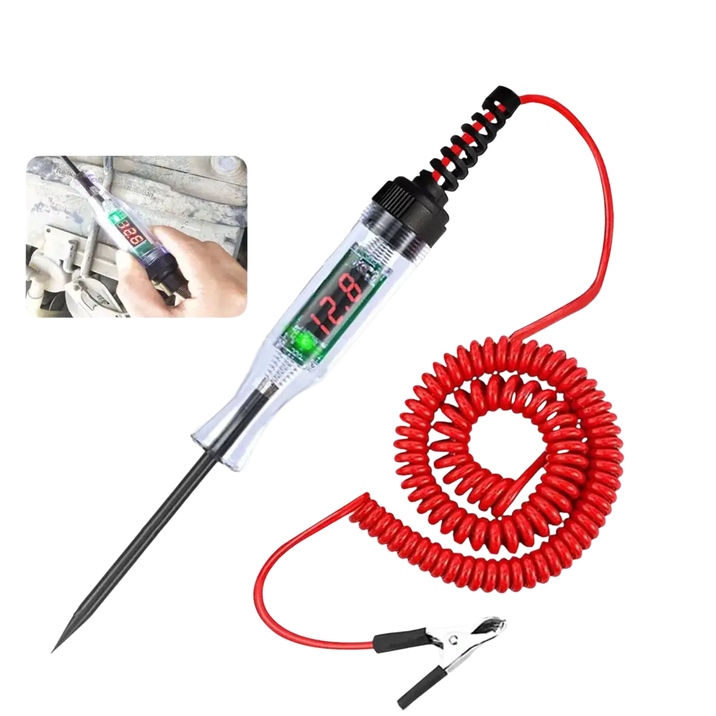 Transparent automotive digital voltage circuit tester pen with red coiled cable shows 12.8v on green led screen