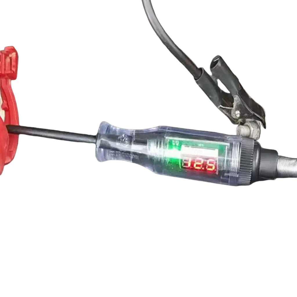 Transparent plastic automotive digital voltage circuit tester pen with digital display showing 12.5 and black handle