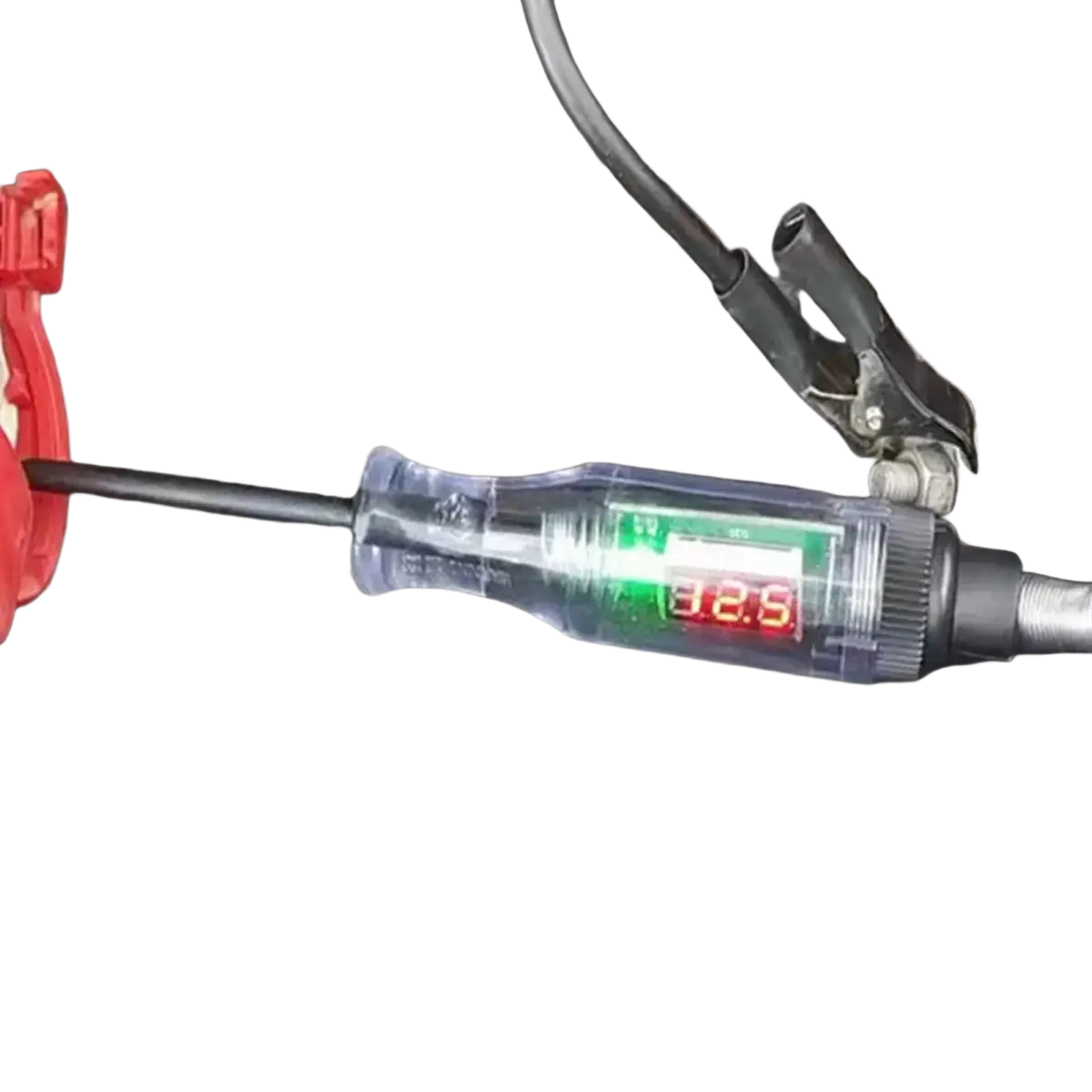 Transparent plastic automotive digital voltage circuit tester pen with digital display showing 12.5 and black handle