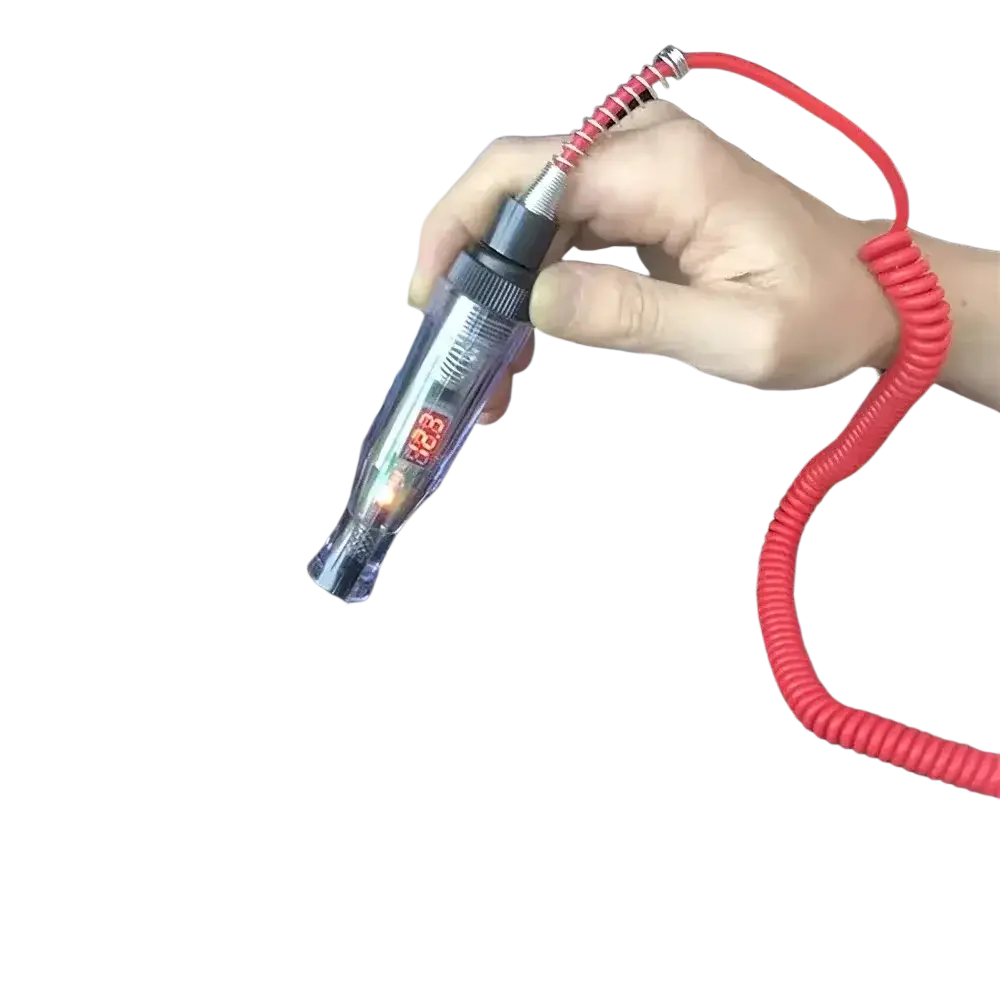 Automotive digital voltage circuit tester pen with transparent plastic body red coiled cord and illuminated led display