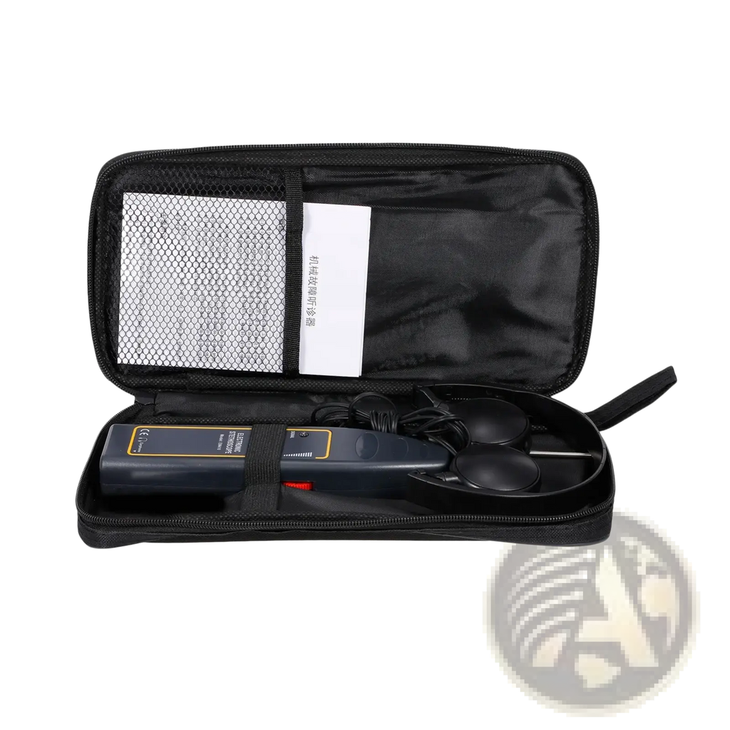 Black handheld automotive electronic stethoscope with gold trim and attached cables in a zippered carrying case